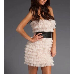 Haute Hippie Women’s Nude Tiered Ruffle Mini Dress Size S Side Zip Silk Cocktail